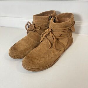 UGG Reid Moc Boots Women’s Size 8 Brown Suede Moccasin Side Zip Lace Wrap Ankle